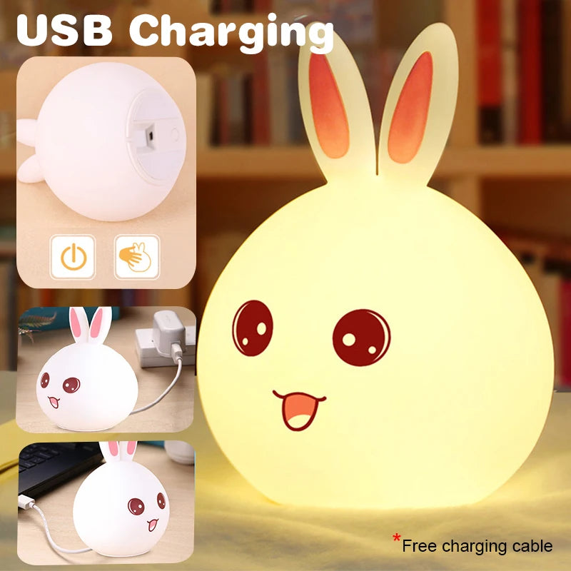 Rechargeable LED Night Light Cute Rabbit Colorful Light  Clap Lamp Pat Lamp Night Feeding Baby Bedroom and Kid's Christmas Gift